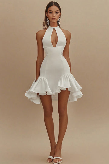 Stylish Cut Out A Line Ruffled White Mini Dress